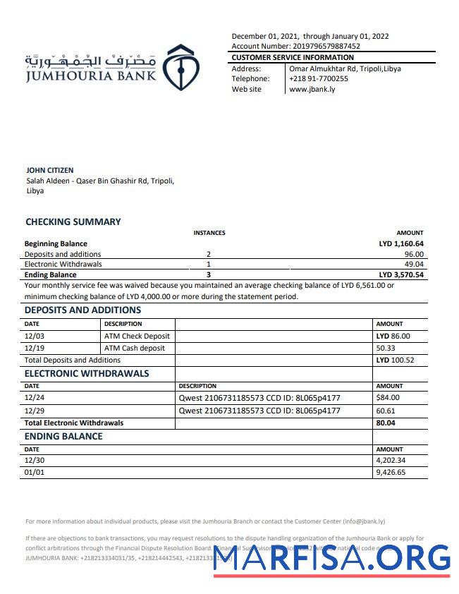 Realistic Libya Jumhouria bank statement word download for verification